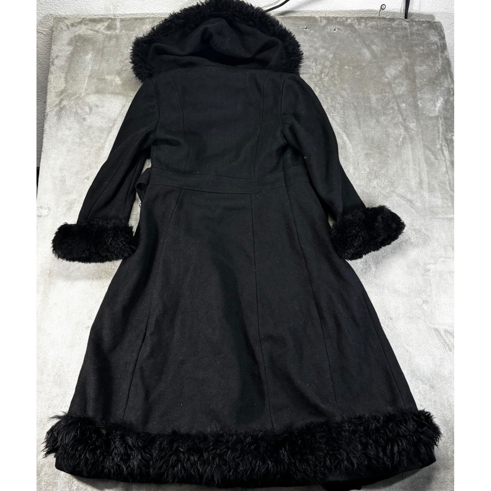 Unbranded Faux Fur Trim Hooded Long Coat Women Small Black Excellent Belted Wool - Picture 2 of 5